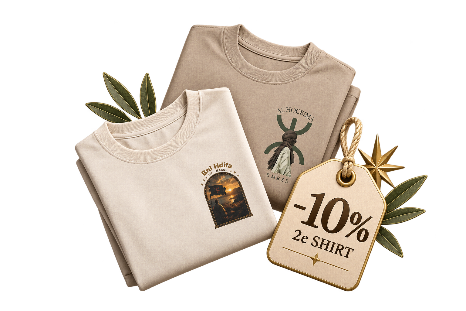 Twee gepersonaliseerde RMRSE shirts met een label van 10% korting op het tweede shirt